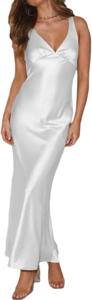 Womens Elegant Satin V Neck Backless Sleeveless Maxi Dress Silk Tie Low Back Formal Cocktail Dresses Wedding Guest