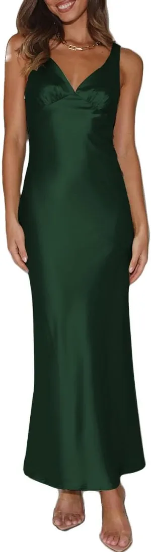 Womens Elegant Satin V Neck Backless Sleeveless Maxi Dress Silk Tie Low Back Formal Cocktail Dresses Wedding Guest
