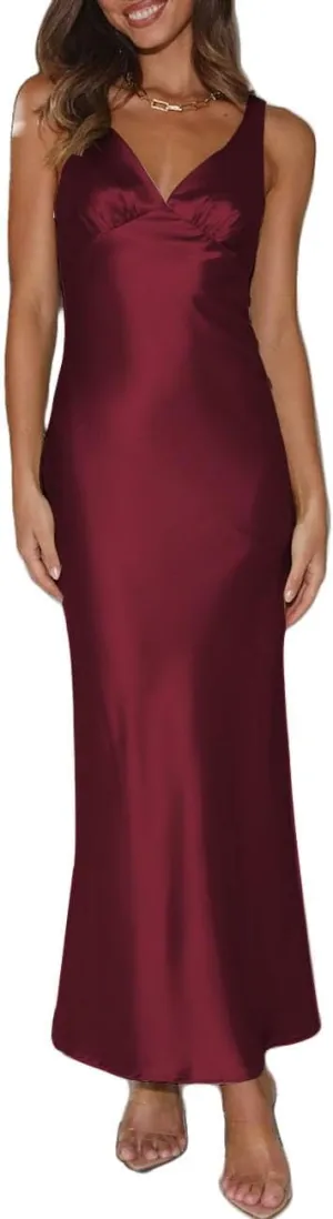 Womens Elegant Satin V Neck Backless Sleeveless Maxi Dress Silk Tie Low Back Formal Cocktail Dresses Wedding Guest