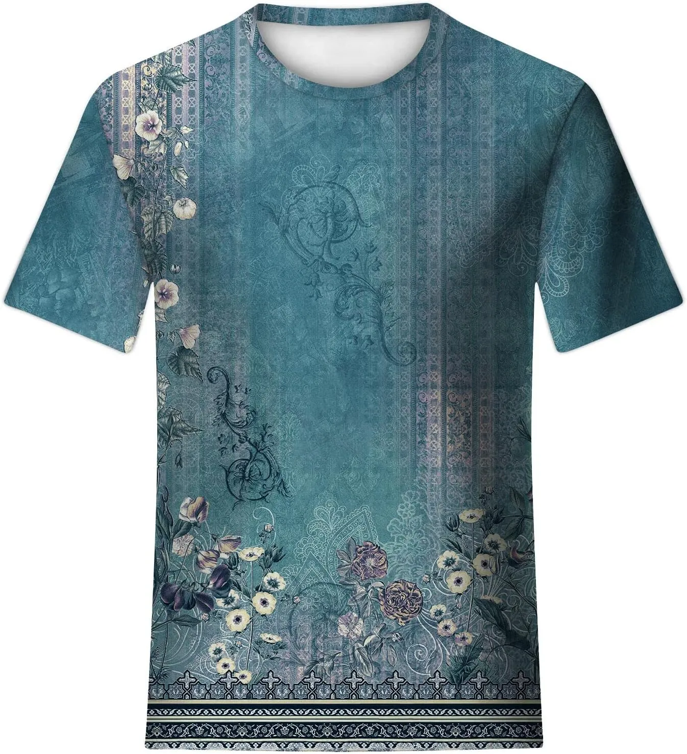 Women's Fashion Casual Short Sleeve Flower Print Round Neck Pullover Top Blouse Women's Athletic Shirts