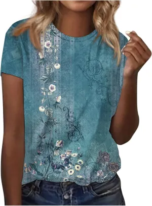 Women's Fashion Casual Short Sleeve Flower Print Round Neck Pullover Top Blouse Women's Athletic Shirts