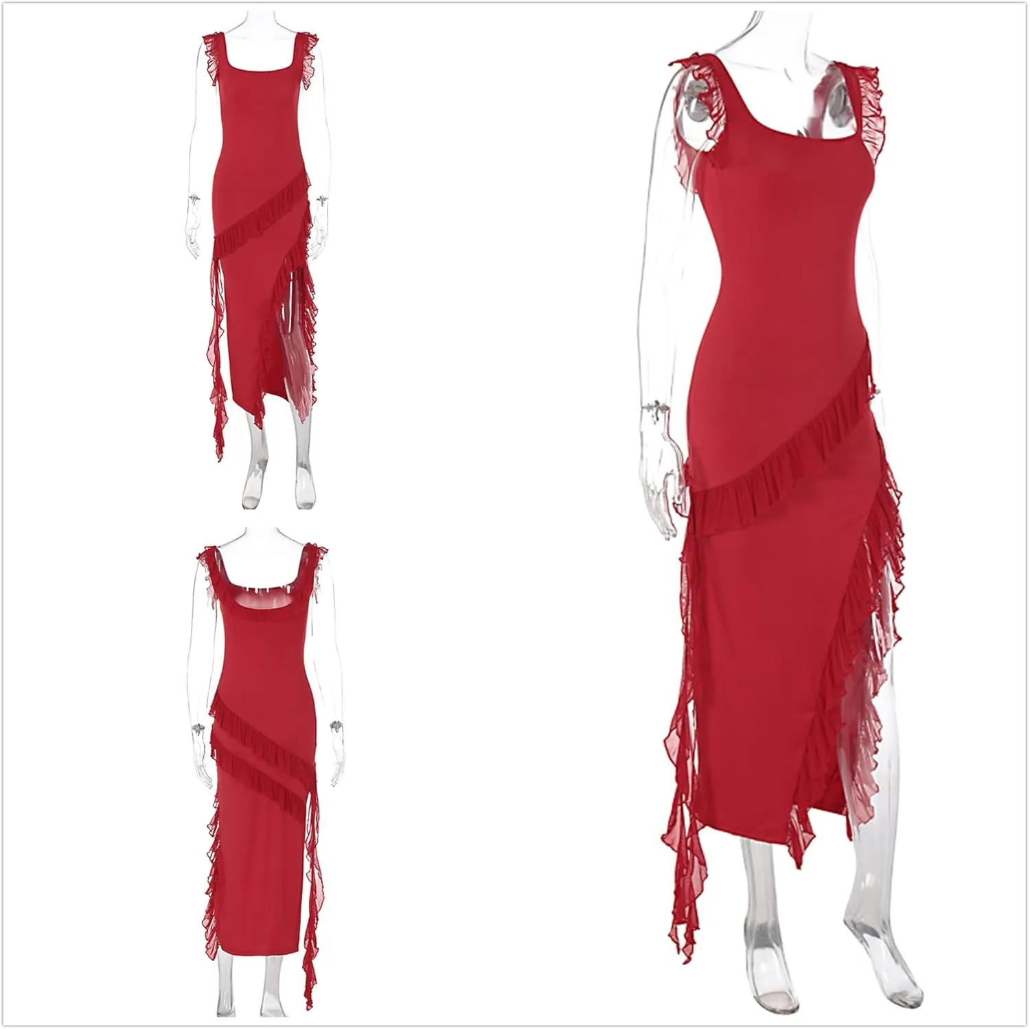 Womens High Slit Bodycon Maxi Dress Ruffle Flowy Sleeve Square Neck Midi Dress Party Dress