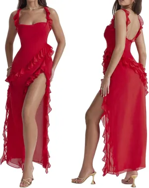 Womens High Slit Bodycon Maxi Dress Ruffle Flowy Sleeve Square Neck Midi Dress Party Dress