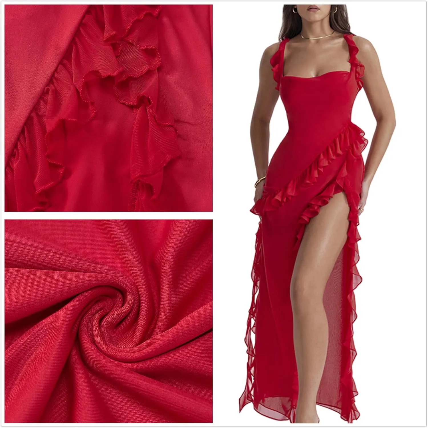 Womens High Slit Bodycon Maxi Dress Ruffle Flowy Sleeve Square Neck Midi Dress Party Dress
