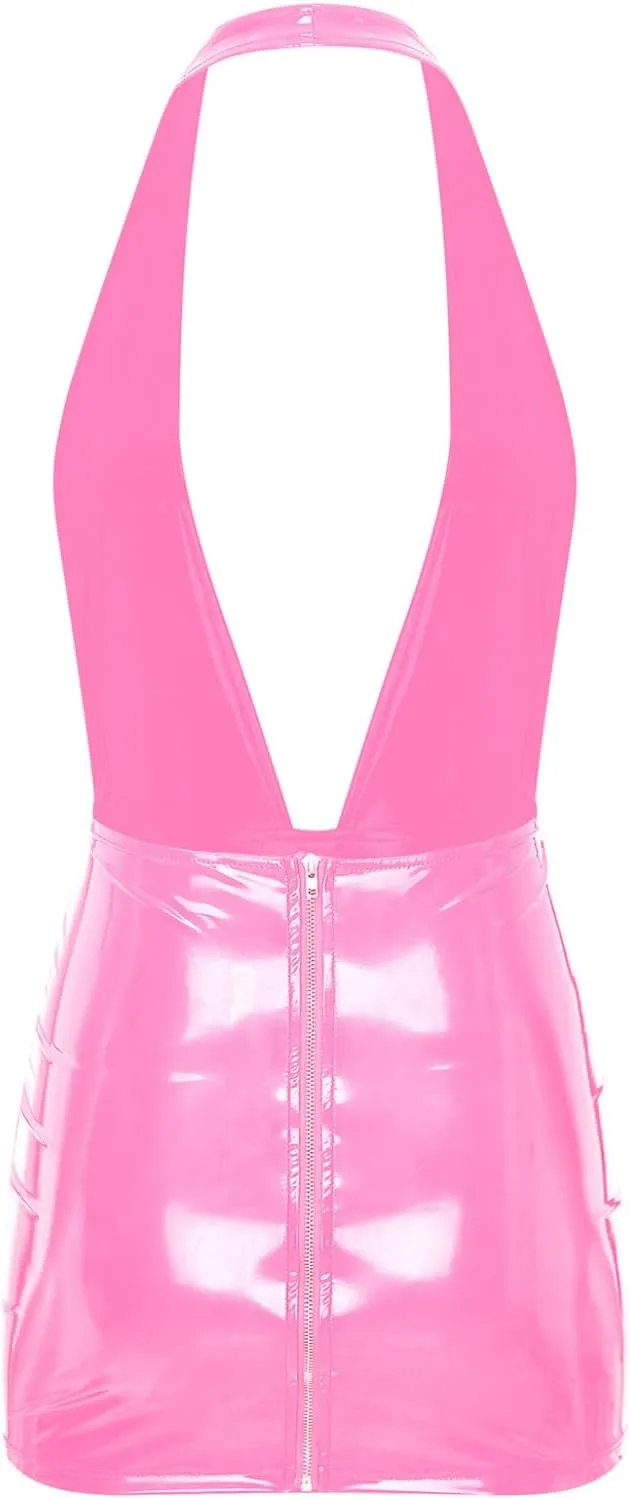Womens Latex Mini Dress Faux Leather Bodycon Sexy Club Dresses Deep V Neck Backless Dress