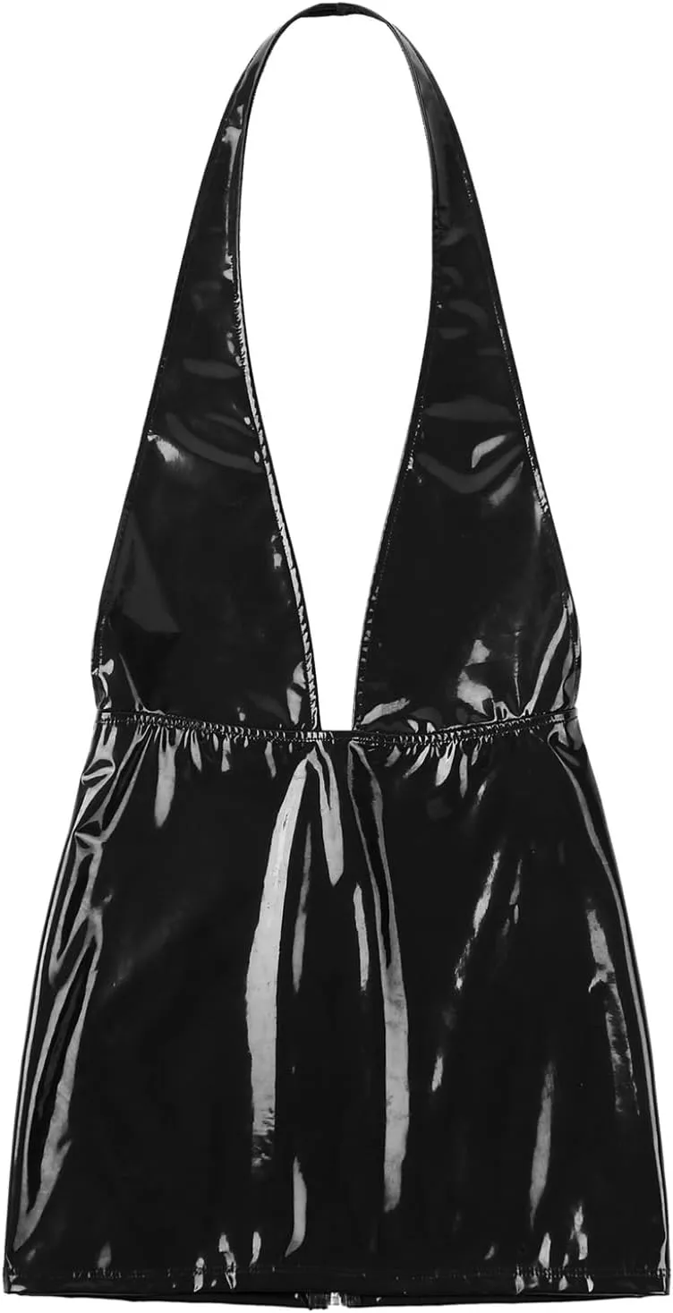 Womens Latex Mini Dress Faux Leather Bodycon Sexy Club Dresses Deep V Neck Backless Dress