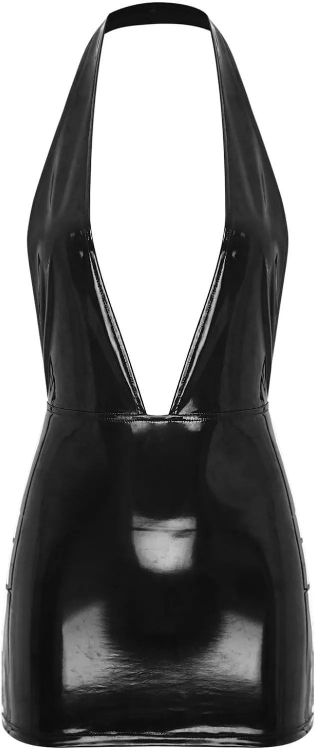 Womens Latex Mini Dress Faux Leather Bodycon Sexy Club Dresses Deep V Neck Backless Dress