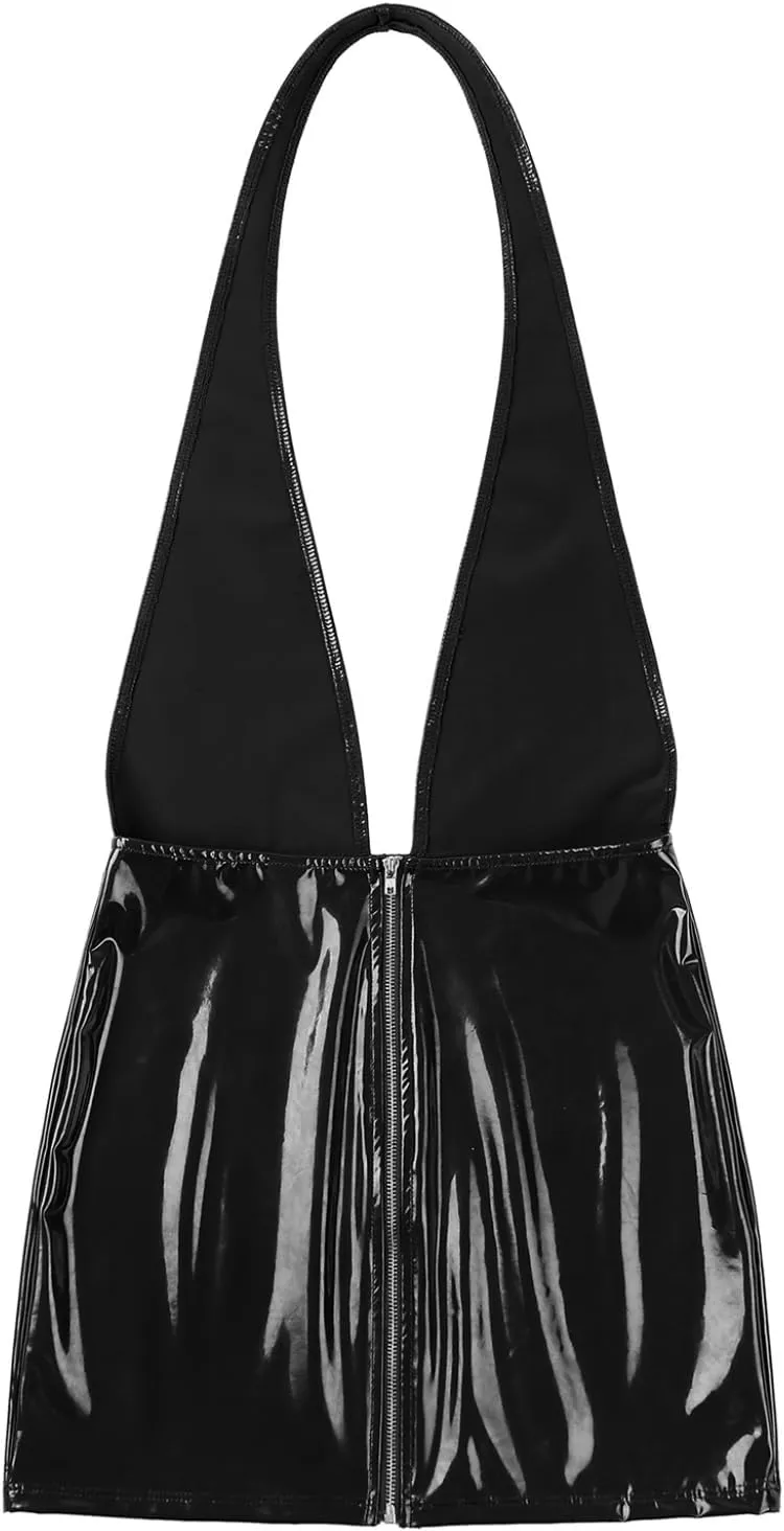 Womens Latex Mini Dress Faux Leather Bodycon Sexy Club Dresses Deep V Neck Backless Dress