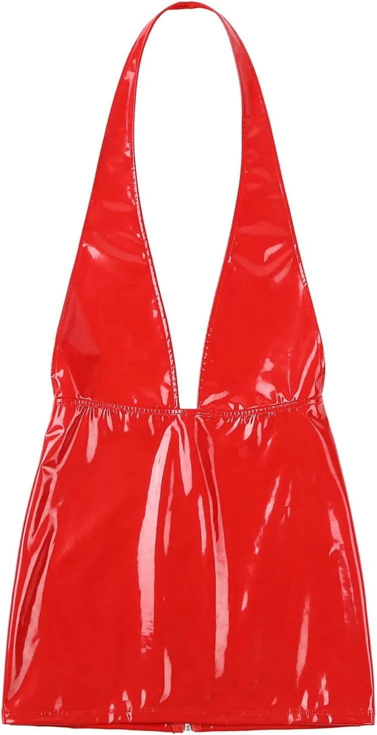 Womens Latex Mini Dress Faux Leather Bodycon Sexy Club Dresses Deep V Neck Backless Dress