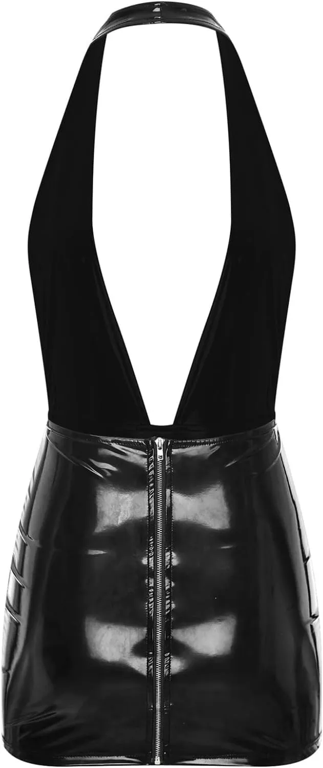 Womens Latex Mini Dress Faux Leather Bodycon Sexy Club Dresses Deep V Neck Backless Dress