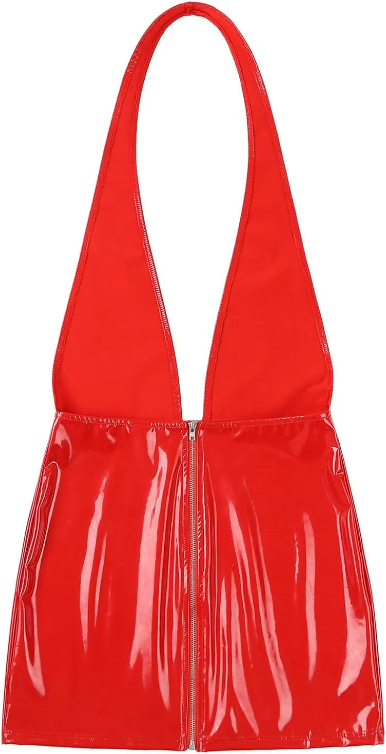 Womens Latex Mini Dress Faux Leather Bodycon Sexy Club Dresses Deep V Neck Backless Dress