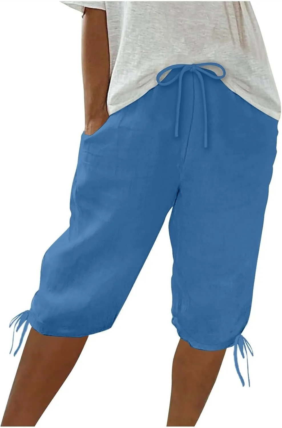 Women's Linen Capris 2025 Summer Casual Plus Size Pants Elastic High Waisted Drawstring Rolled Hem Shorts with Pockets