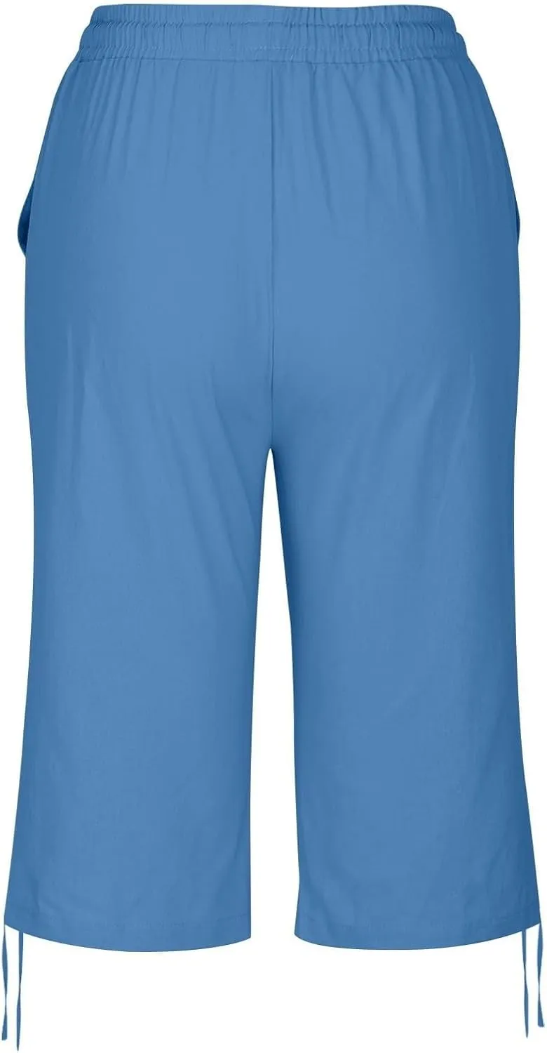 Women's Linen Capris 2025 Summer Casual Plus Size Pants Elastic High Waisted Drawstring Rolled Hem Shorts with Pockets