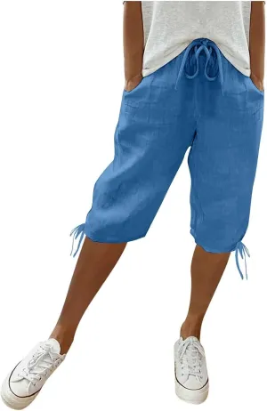 Women's Linen Capris 2025 Summer Casual Plus Size Pants Elastic High Waisted Drawstring Rolled Hem Shorts with Pockets