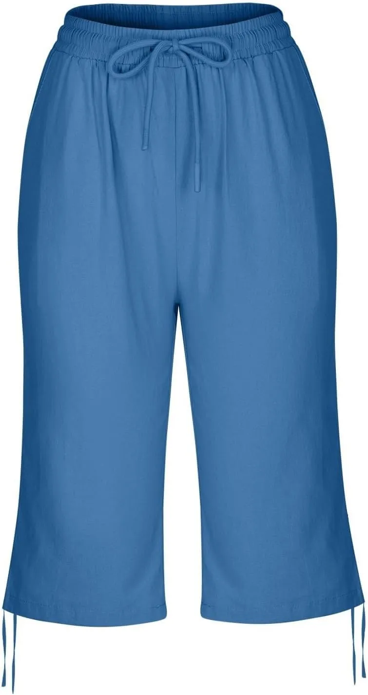 Women's Linen Capris 2025 Summer Casual Plus Size Pants Elastic High Waisted Drawstring Rolled Hem Shorts with Pockets