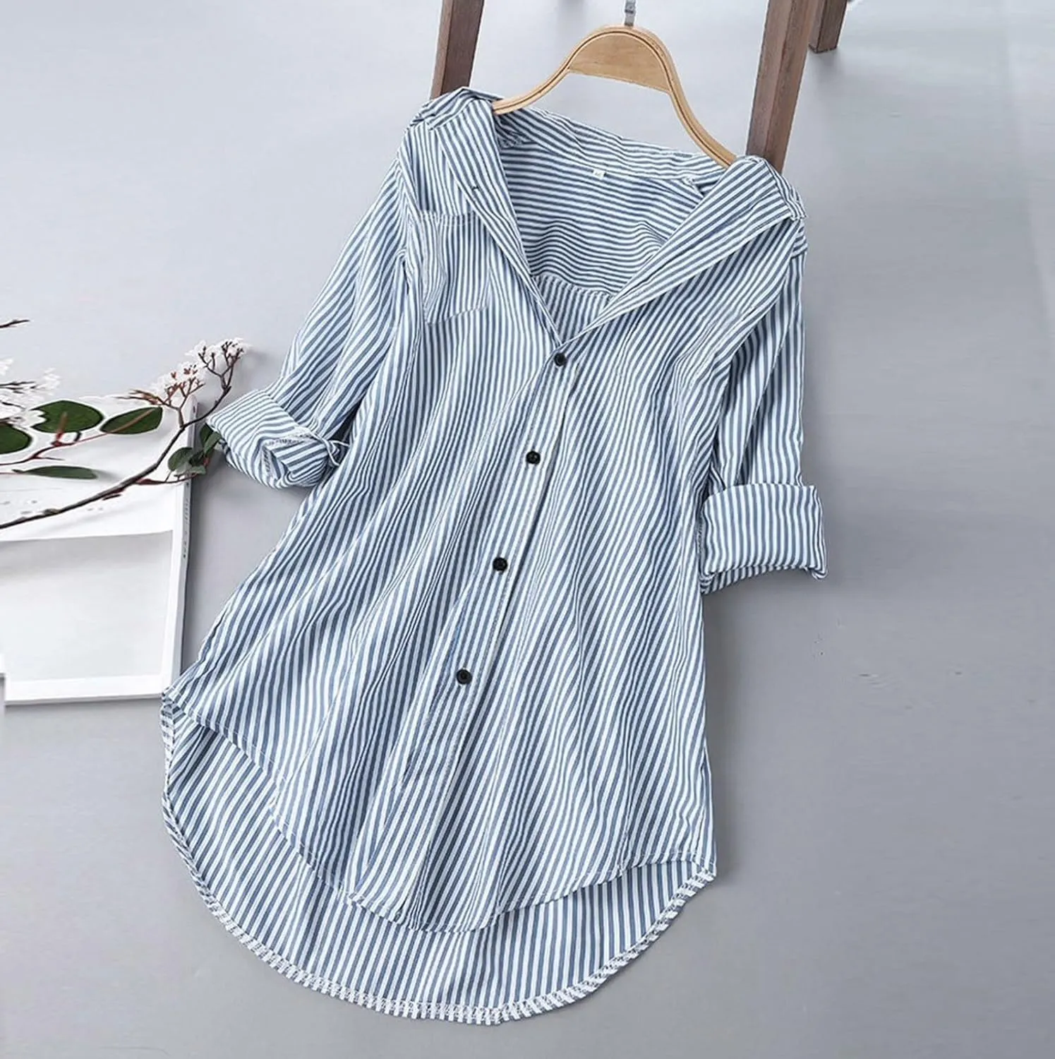 Women's Linen Loose Fit Tshirt Tops Striped Print Button Down Long Sleeve Shirts High Low Hem Blouse Tunic Tops