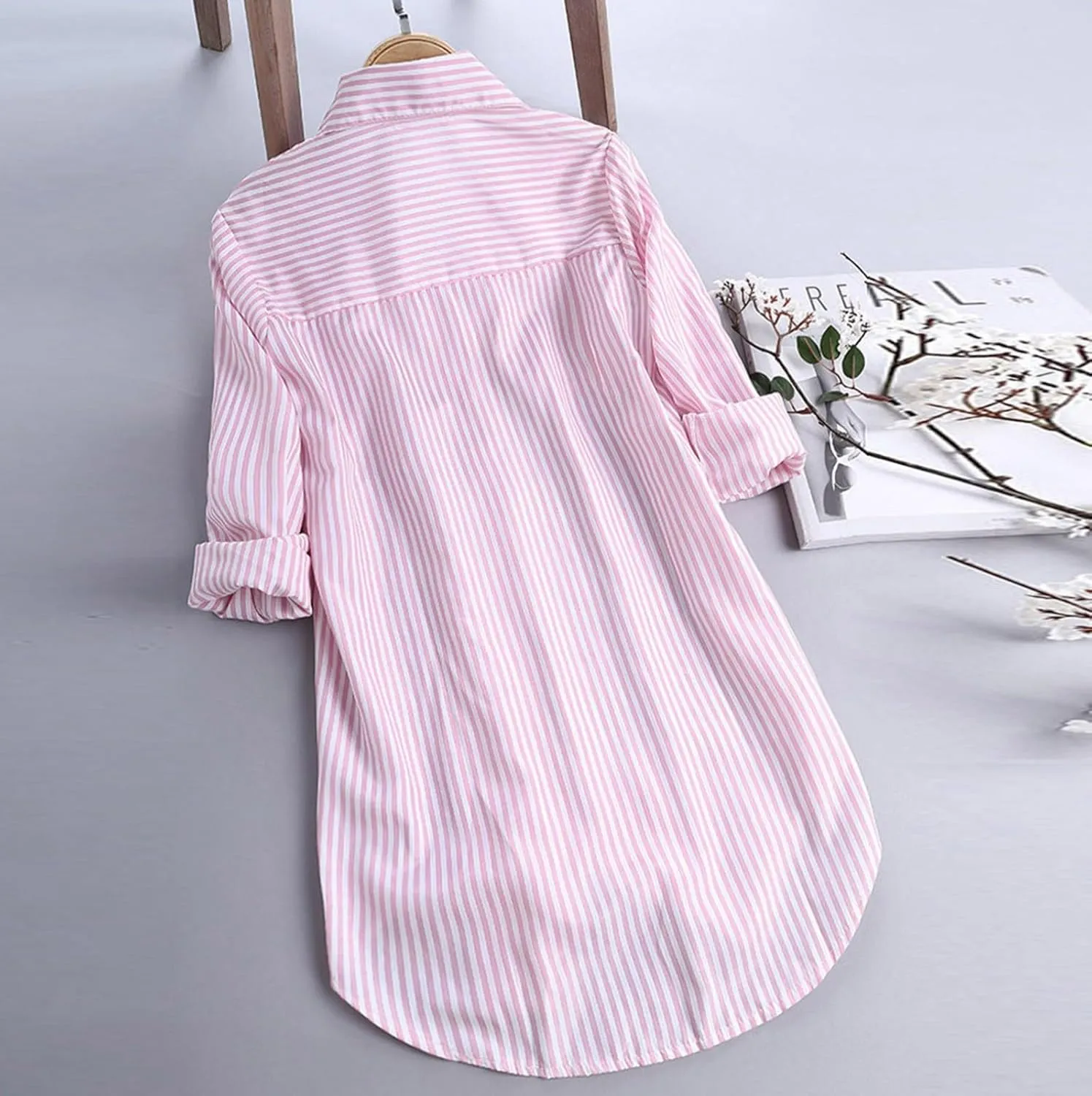 Women's Linen Loose Fit Tshirt Tops Striped Print Button Down Long Sleeve Shirts High Low Hem Blouse Tunic Tops