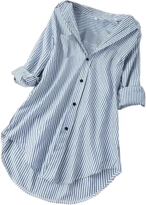 Women's Linen Loose Fit Tshirt Tops Striped Print Button Down Long Sleeve Shirts High Low Hem Blouse Tunic Tops