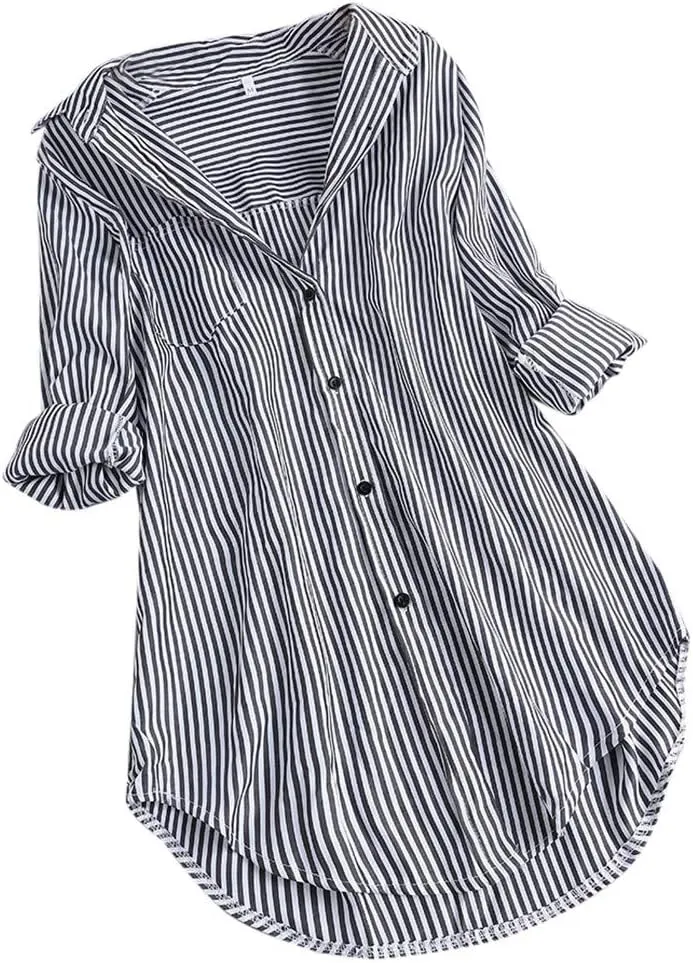 Women's Linen Loose Fit Tshirt Tops Striped Print Button Down Long Sleeve Shirts High Low Hem Blouse Tunic Tops