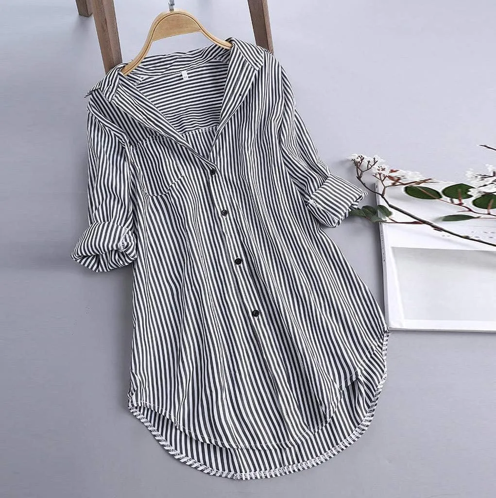 Women's Linen Loose Fit Tshirt Tops Striped Print Button Down Long Sleeve Shirts High Low Hem Blouse Tunic Tops