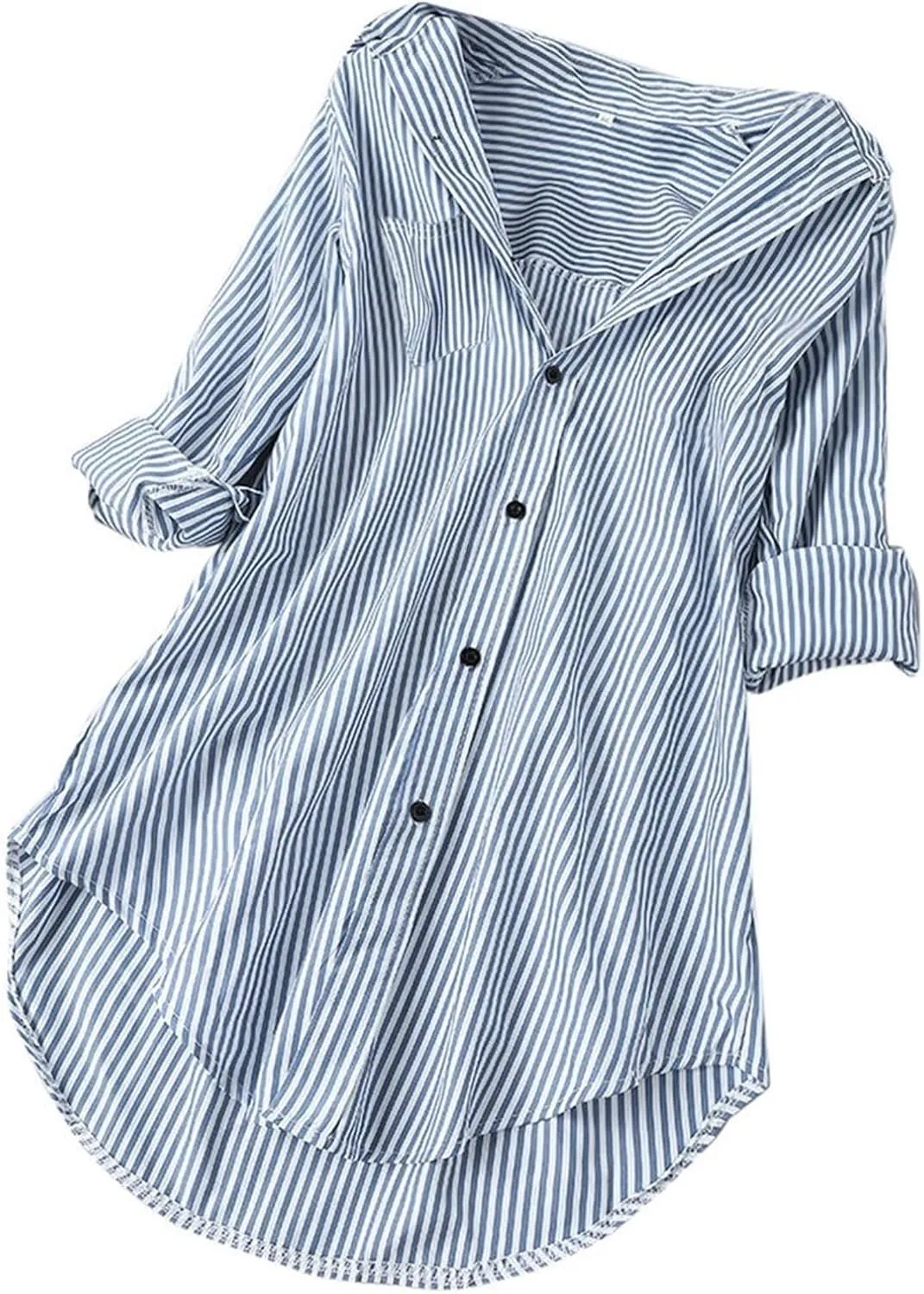 Women's Linen Loose Fit Tshirt Tops Striped Print Button Down Long Sleeve Shirts High Low Hem Blouse Tunic Tops