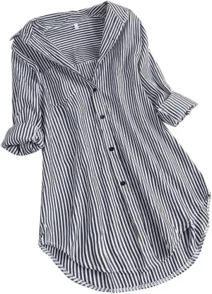 Women's Linen Loose Fit Tshirt Tops Striped Print Button Down Long Sleeve Shirts High Low Hem Blouse Tunic Tops
