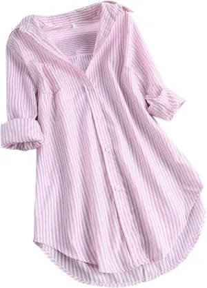 Women's Linen Loose Fit Tshirt Tops Striped Print Button Down Long Sleeve Shirts High Low Hem Blouse Tunic Tops