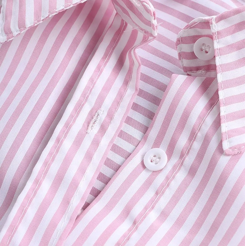 Women's Linen Loose Fit Tshirt Tops Striped Print Button Down Long Sleeve Shirts High Low Hem Blouse Tunic Tops