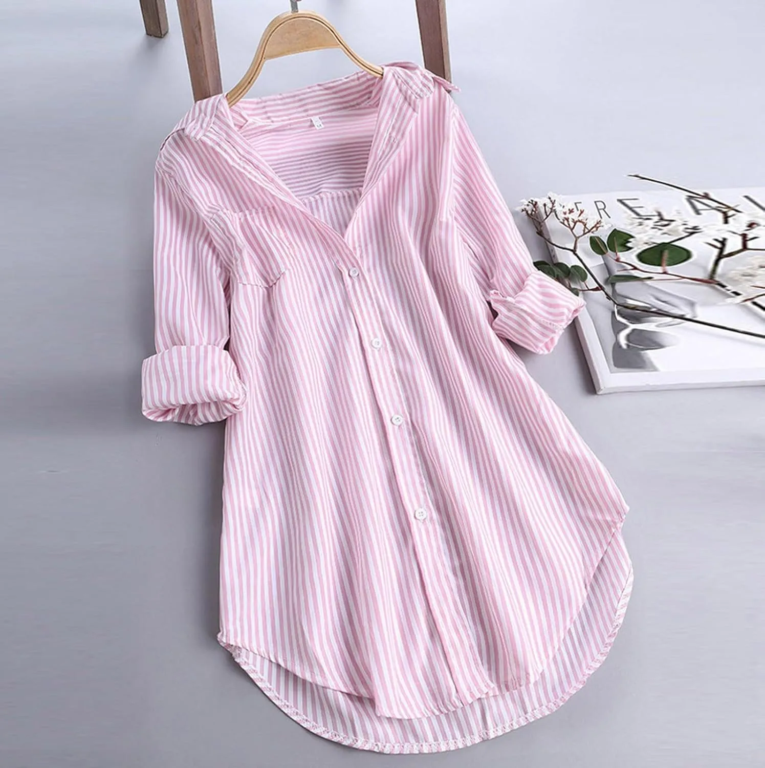 Women's Linen Loose Fit Tshirt Tops Striped Print Button Down Long Sleeve Shirts High Low Hem Blouse Tunic Tops