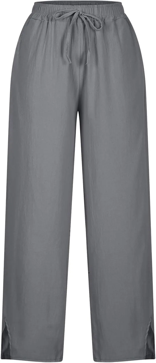 Womens Linen Pants Wide Leg Drawstring Trousers High Waisted Straight Leg Pant Lightweight Summer Beach Pants 2025