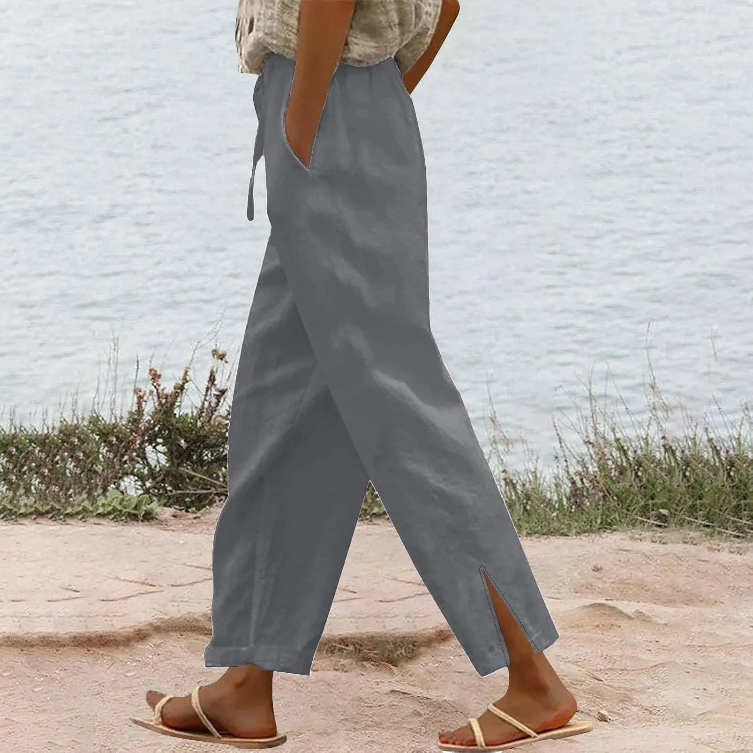 Womens Linen Pants Wide Leg Drawstring Trousers High Waisted Straight Leg Pant Lightweight Summer Beach Pants 2025