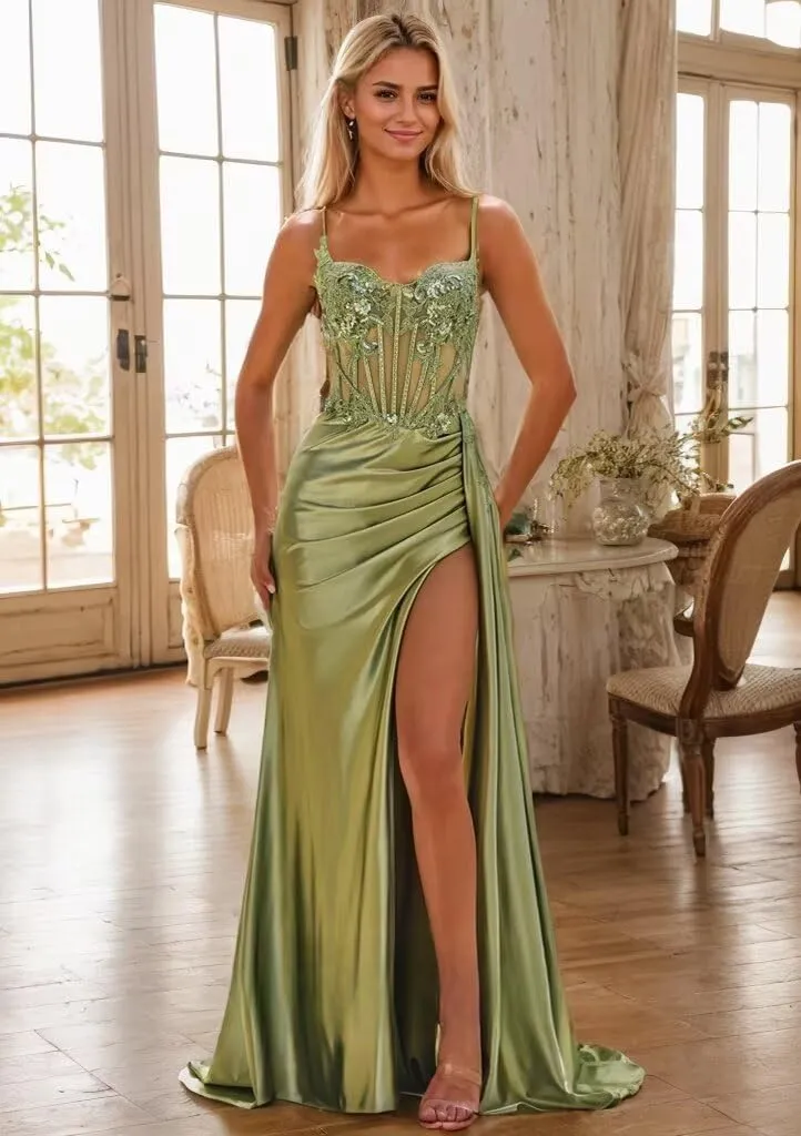 Women's Mermaid Prom Dresses with Slit Spaghetti Straps Evening Dress Sequin Lace Formal Gown