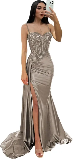 Women's Mermaid Prom Dresses with Slit Spaghetti Straps Evening Dress Sequin Lace Formal Gown