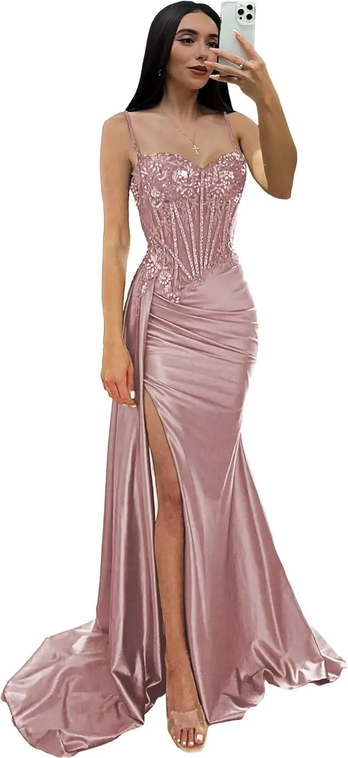 Women's Mermaid Prom Dresses with Slit Spaghetti Straps Evening Dress Sequin Lace Formal Gown