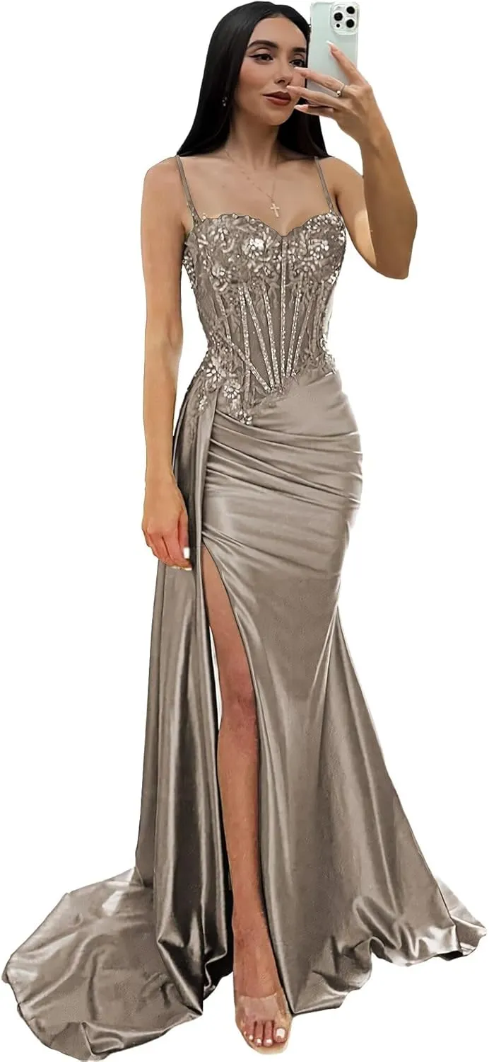 Women's Mermaid Prom Dresses with Slit Spaghetti Straps Evening Dress Sequin Lace Formal Gown