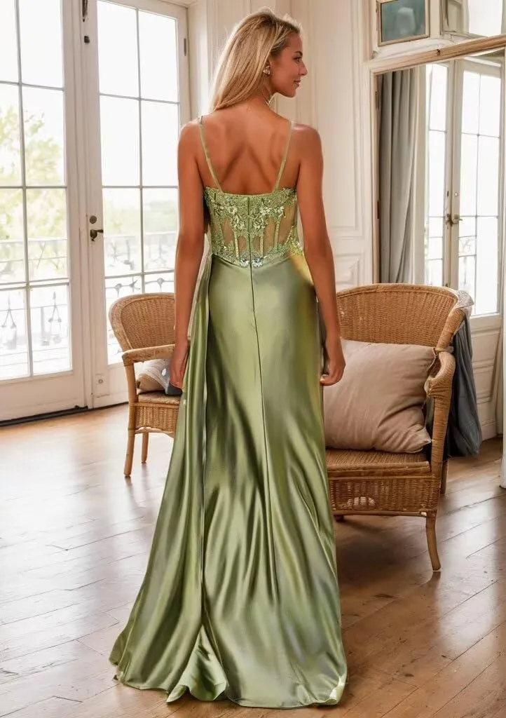 Women's Mermaid Prom Dresses with Slit Spaghetti Straps Evening Dress Sequin Lace Formal Gown