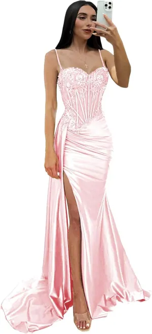 Women's Mermaid Prom Dresses with Slit Spaghetti Straps Evening Dress Sequin Lace Formal Gown