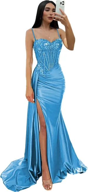Women's Mermaid Prom Dresses with Slit Spaghetti Straps Evening Dress Sequin Lace Formal Gown