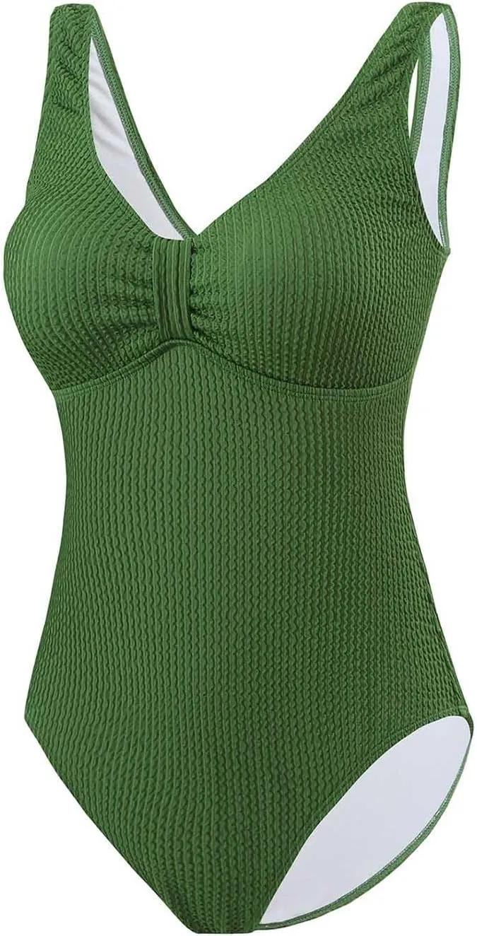 Womens Modest Swimsuits Fashion Solid V Neck Tummy Control Bathing Suits Backless Sexy Padded 2025 Summer Swimwear