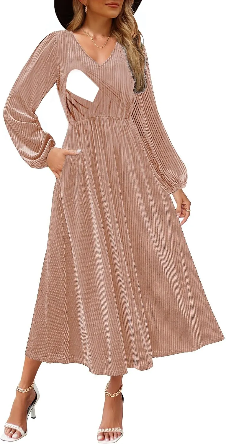 Women's Nursing Long Sleeve V Neck Velvet Maxi Dress Flowy Wedding Party Dresses with Pockets