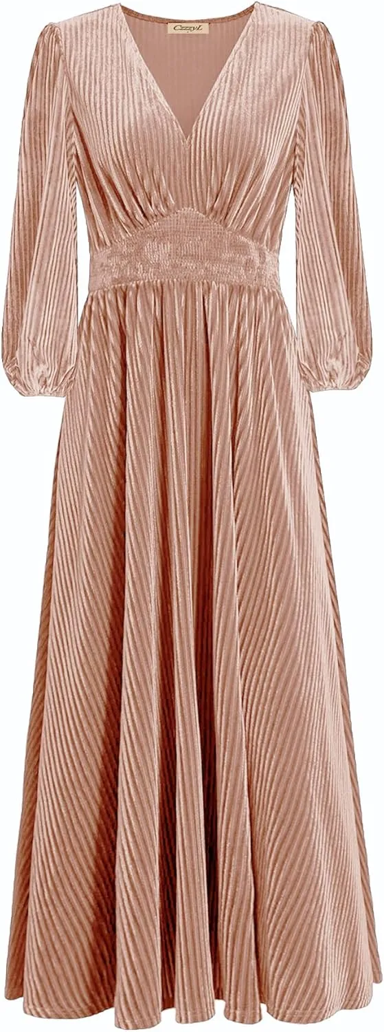 Women's Nursing Long Sleeve V Neck Velvet Maxi Dress Flowy Wedding Party Dresses with Pockets