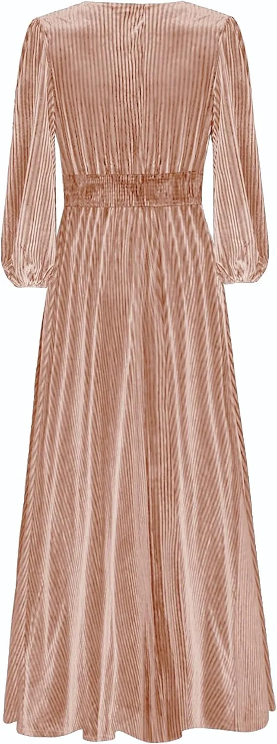 Women's Nursing Long Sleeve V Neck Velvet Maxi Dress Flowy Wedding Party Dresses with Pockets