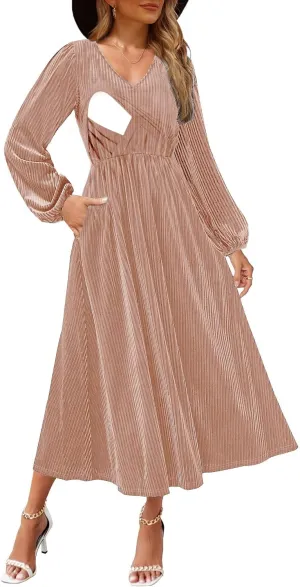 Women's Nursing Long Sleeve V Neck Velvet Maxi Dress Flowy Wedding Party Dresses with Pockets