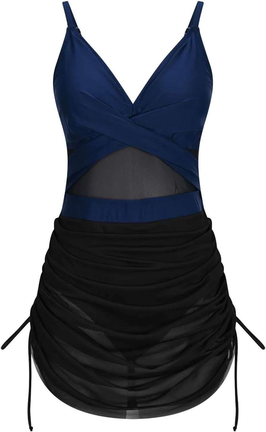 Womens One Piece Swimsuit Modest Tummy Control Bathing Suit Criss Cross Front Swim Dress Mesh Patchwork Swimwear 2025