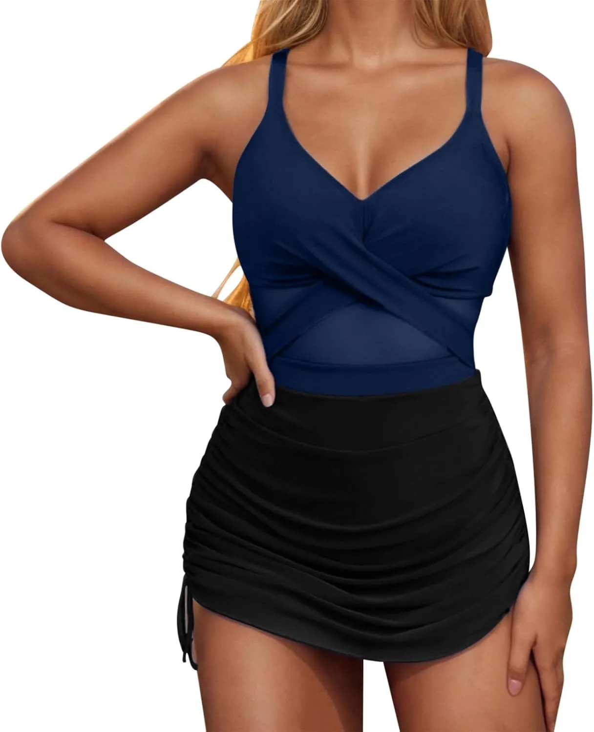 Womens One Piece Swimsuit Modest Tummy Control Bathing Suit Criss Cross Front Swim Dress Mesh Patchwork Swimwear 2025
