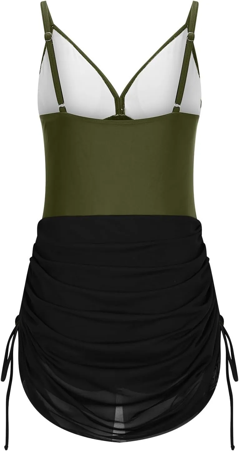 Womens One Piece Swimsuit Modest Tummy Control Bathing Suit Criss Cross Front Swim Dress Mesh Patchwork Swimwear 2025