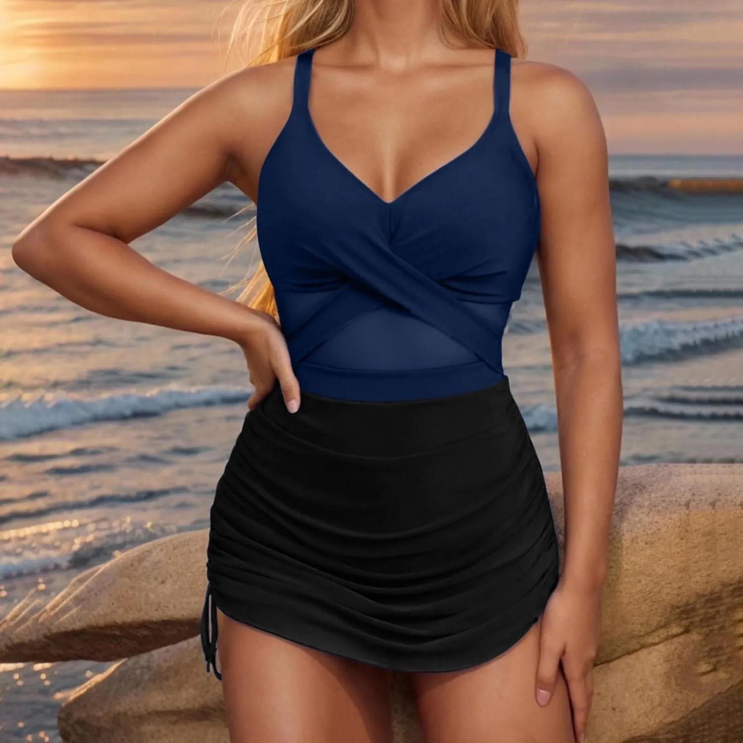 Womens One Piece Swimsuit Modest Tummy Control Bathing Suit Criss Cross Front Swim Dress Mesh Patchwork Swimwear 2025
