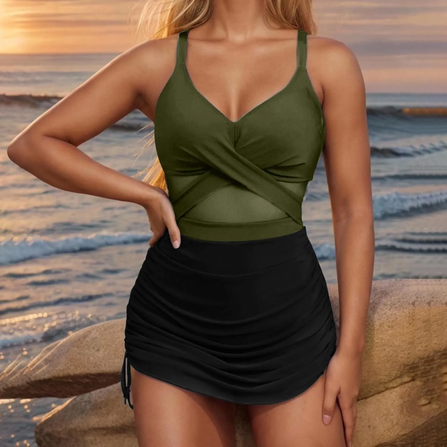 Womens One Piece Swimsuit Modest Tummy Control Bathing Suit Criss Cross Front Swim Dress Mesh Patchwork Swimwear 2025
