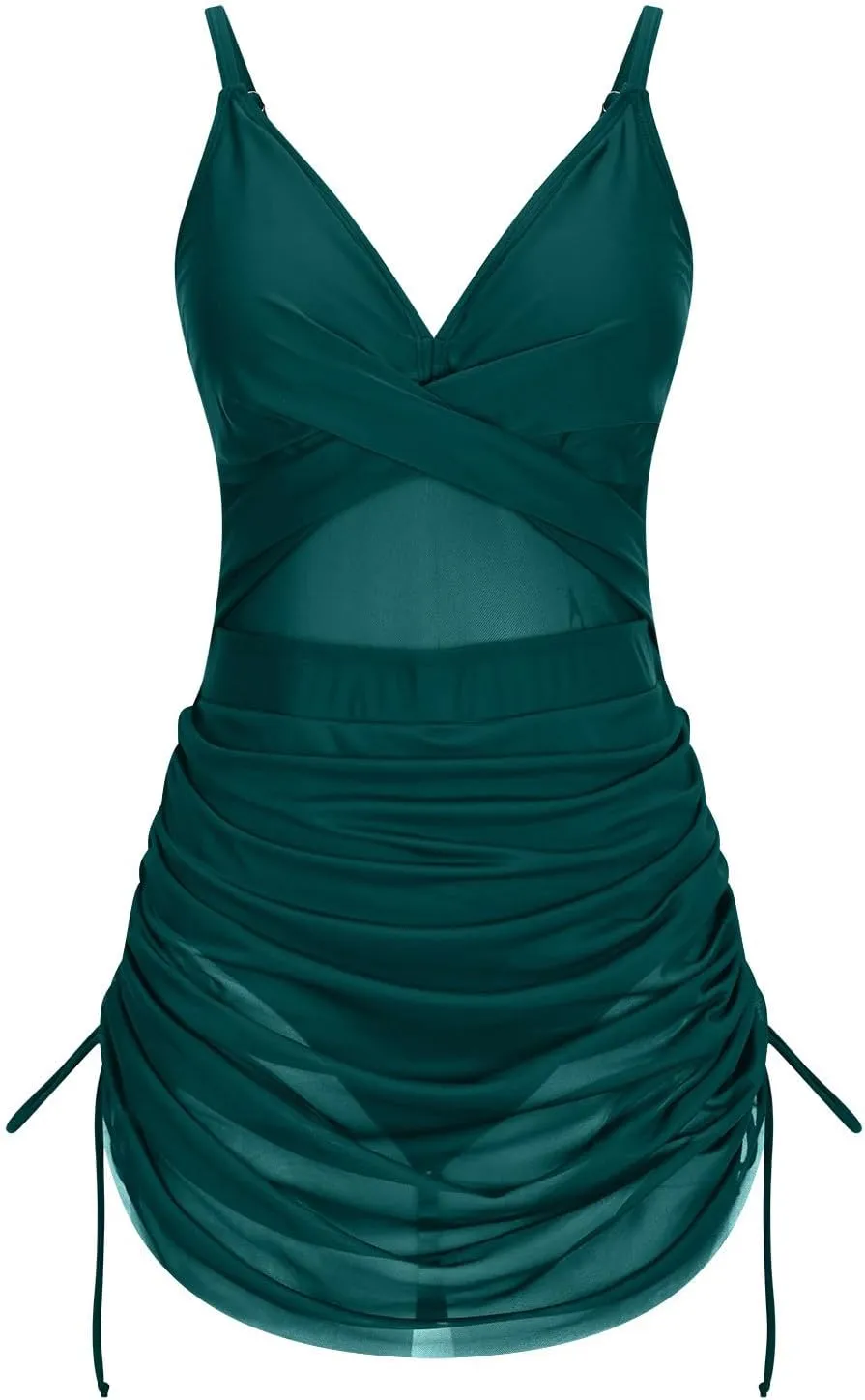 Womens One Piece Swimsuit Modest Tummy Control Bathing Suit Criss Cross Front Swim Dress Mesh Patchwork Swimwear 2025