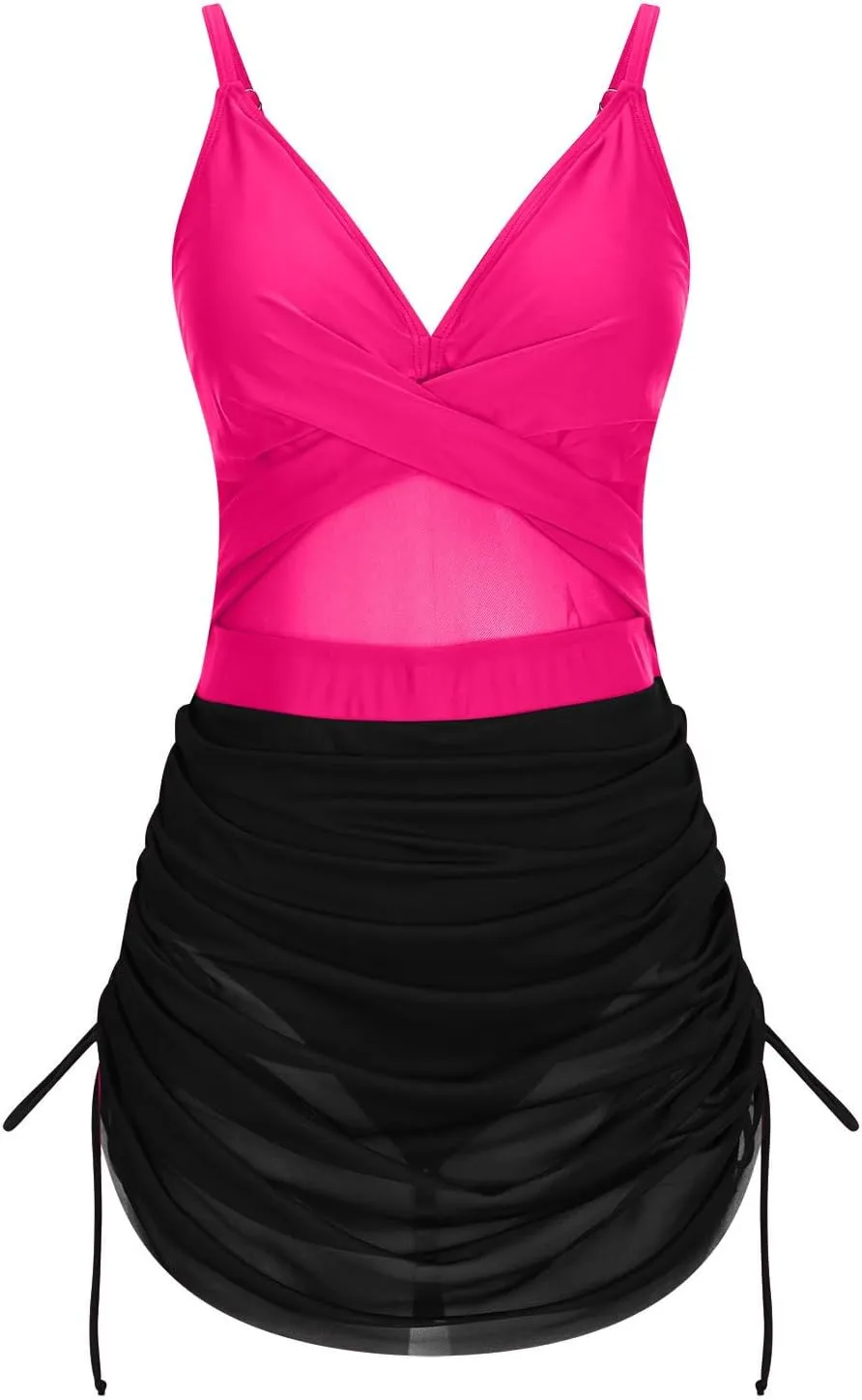 Womens One Piece Swimsuit Modest Tummy Control Bathing Suit Criss Cross Front Swim Dress Mesh Patchwork Swimwear 2025